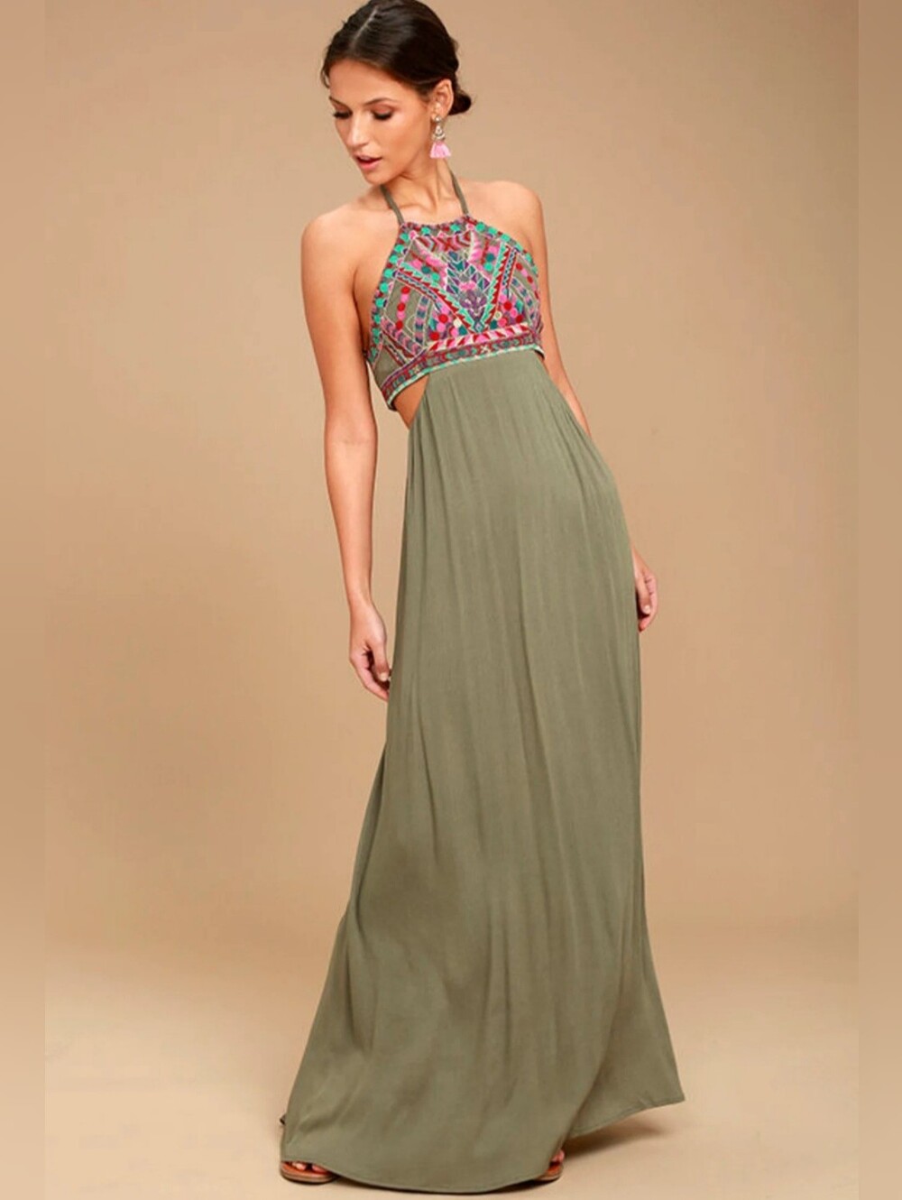 Lulus Little Beach Olive Green Dress Women's Large Fairycore Rodeo Ready Boho XS